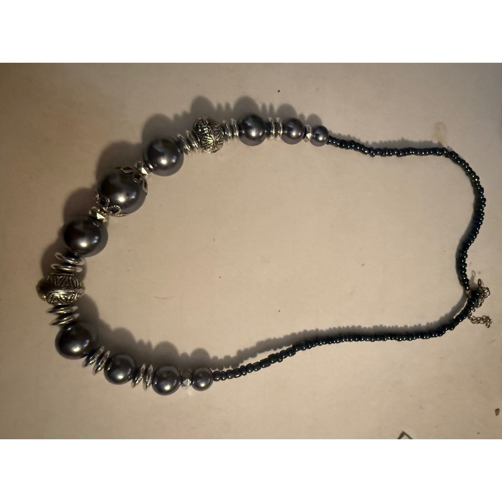 Vintage Style‎ Grey Faux Pearl Statement Necklace Silver Tone Etched Beads Boho